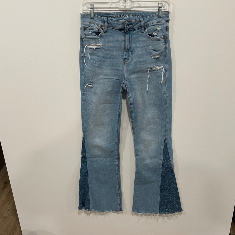 American Eagle Super Hi Rise‎ Flare Distressed Patchwork Size 2 28x29